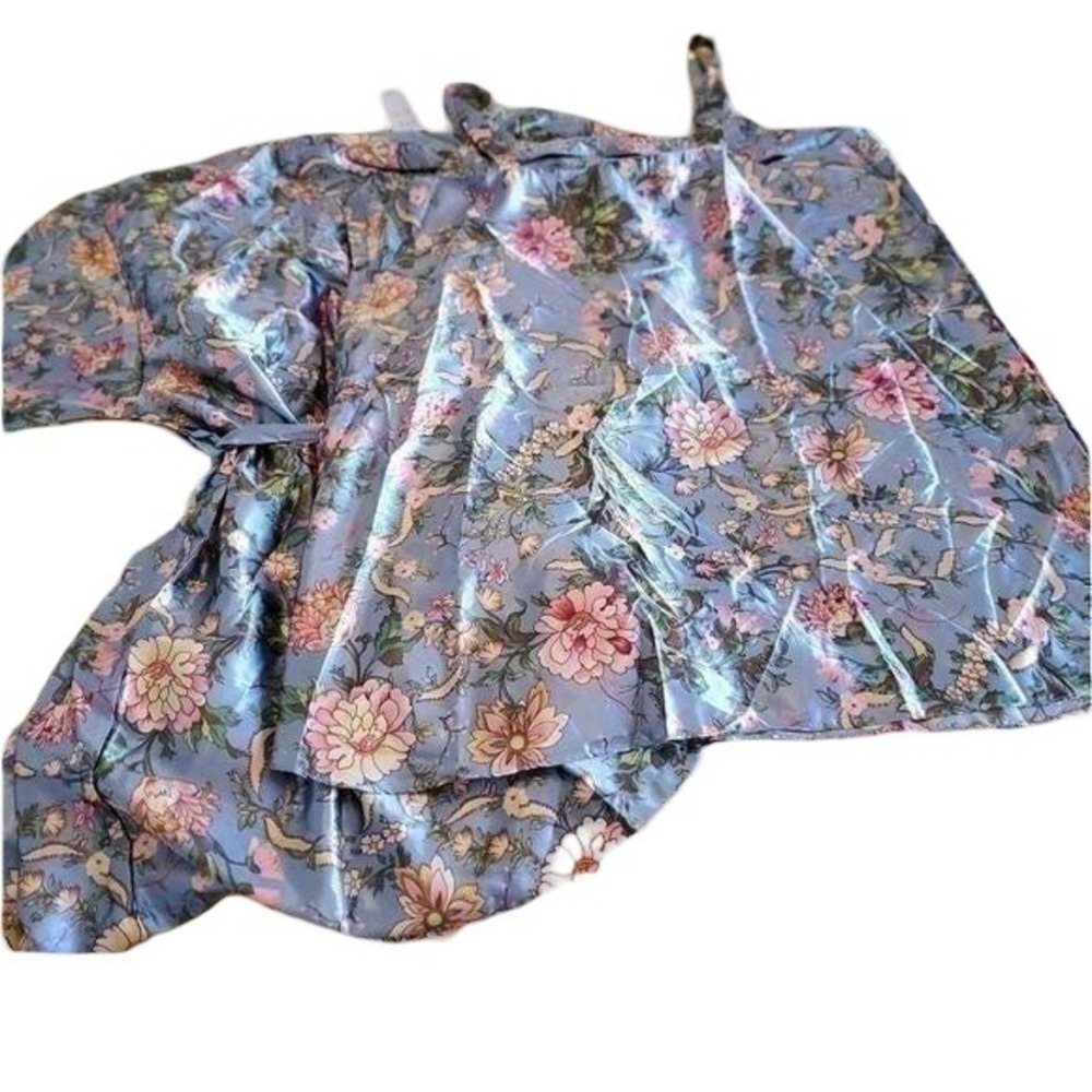 Sante Classics Blue Floral Satin Robe and Chemise Set Plus Size 1X New